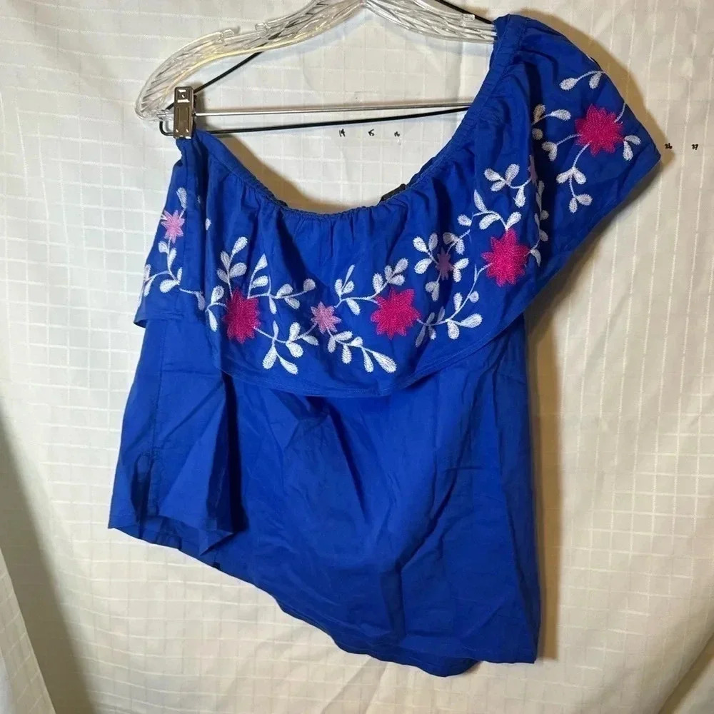 Ann Taylor loft  Size medium  one shoulder embroidered  Blue Blouse Ruffle shirt